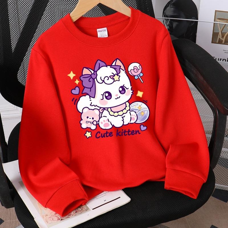 Kids Crewneck Sweatshirt, Cute Kitten with Bow & Stars Print, Soft Casual Pullover for Fall Winter