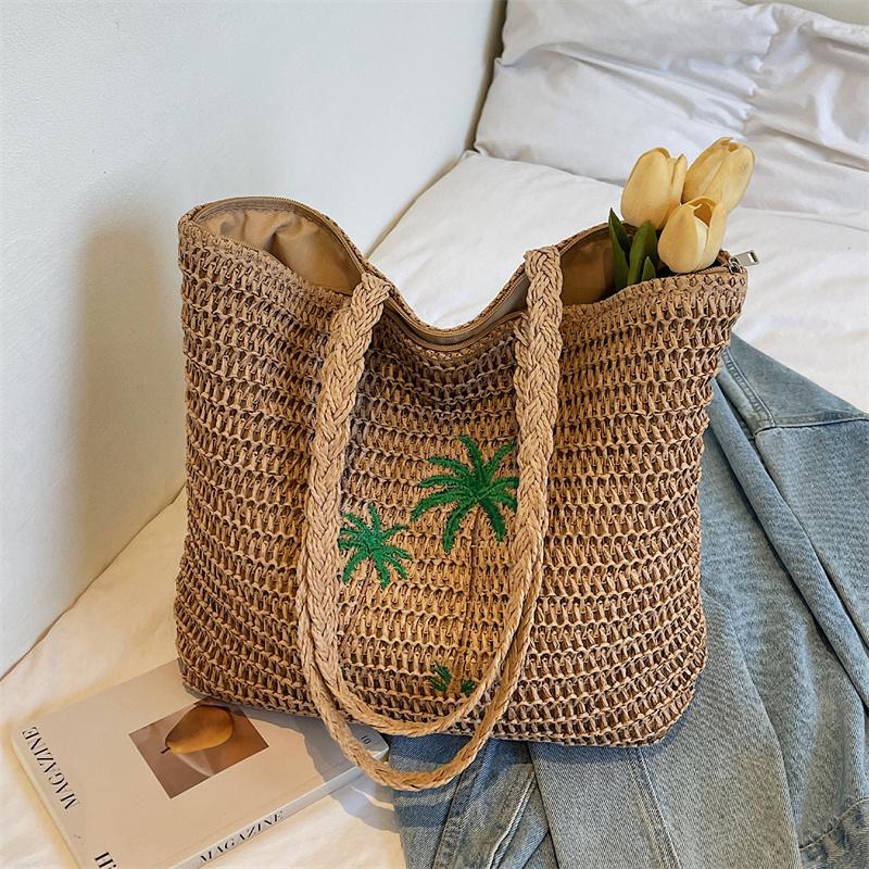 

Summer Beach Straw Bag with Palm Tree Embroidery Large Woven Tote for Women Casual Shoulder Handbag for Vacation 44x13x31cm хакі