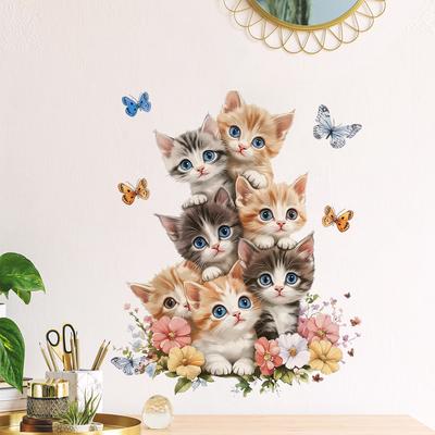 Cute Cat Flower Butterfly Wall Stickers for Home Decor, Bedroom Living Room Decoration