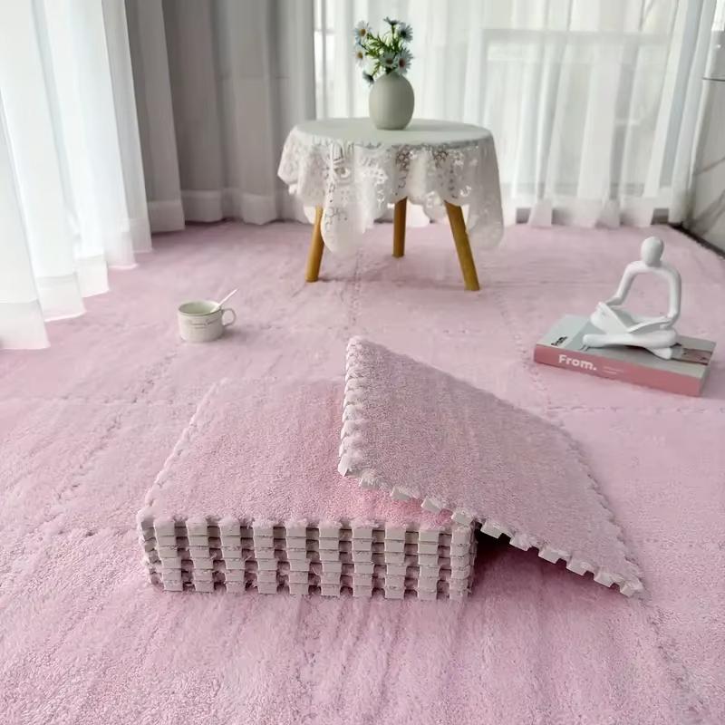 15Pcs Interlocking Fluffy Tiles with Border Square Rug Plush Puzzle Foam Floor Mat for Kids Thick Bedroom Floor Decoration