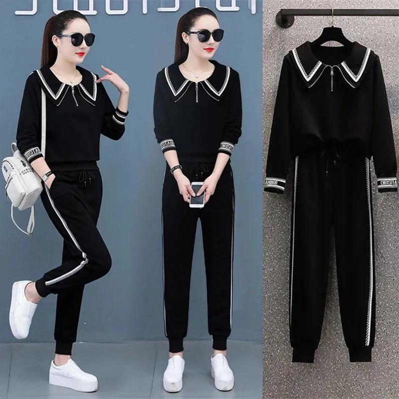 Women's Spring Autumn Plus Size Two-Piece Set Slimming Sweatshirt + Casual Sportswear Two-Piece Set