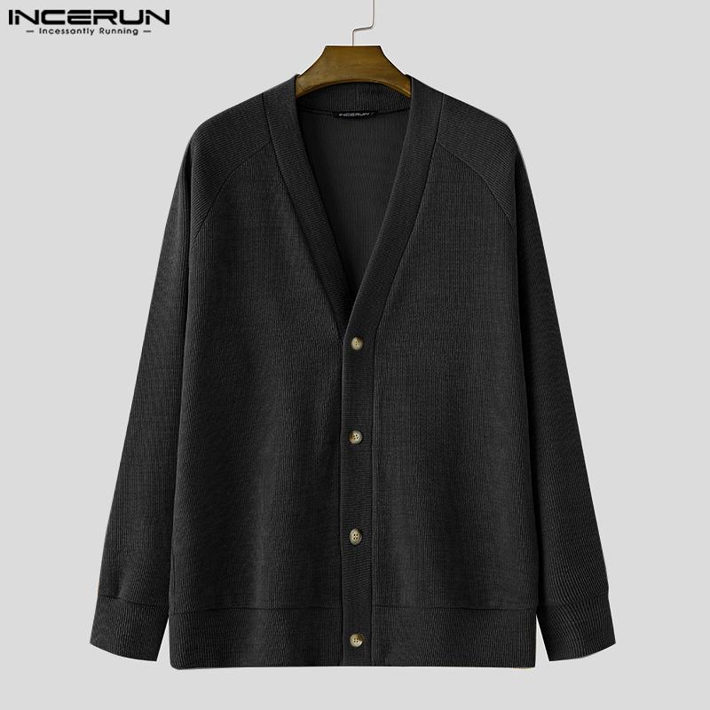INCERUN Oversized Men V Neck Long Sleeve Buttons Loose Ribbed Knit Cardigan Tops