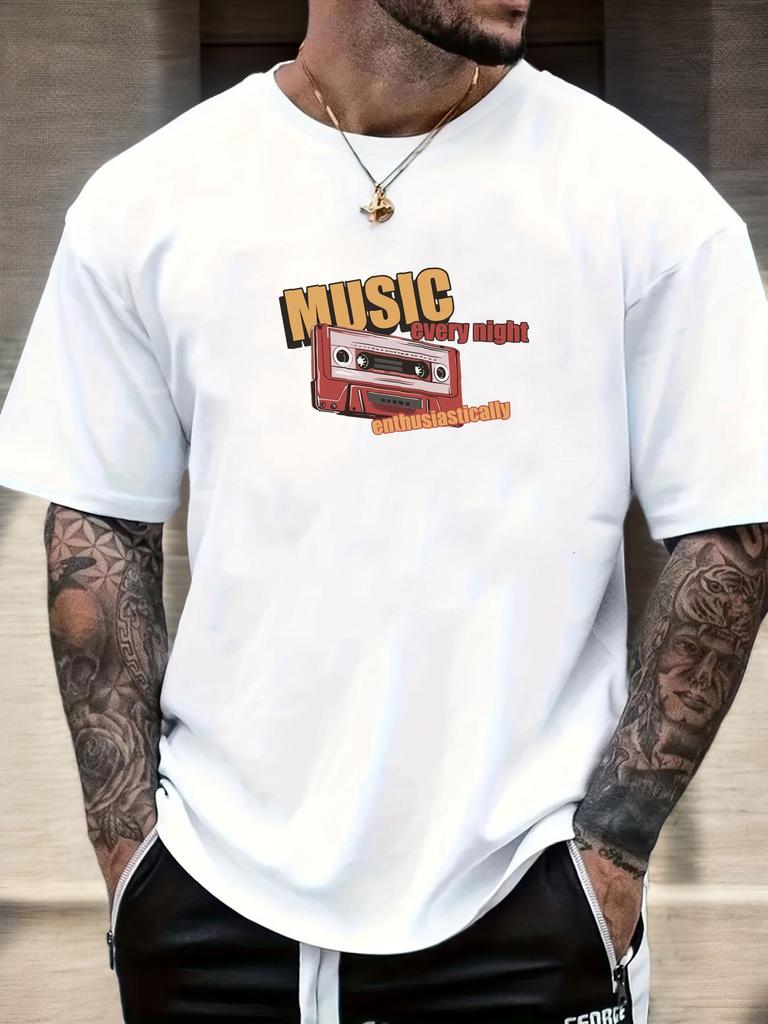 Mens Music Tape Graphic TShirt Summer Soft Comfort Fit Oversized Daily Wear Tee