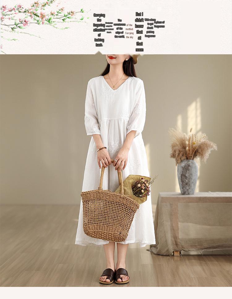 Elegant French Fairy Dress - Women's Heavy Embroidery Ramie Long White Dress