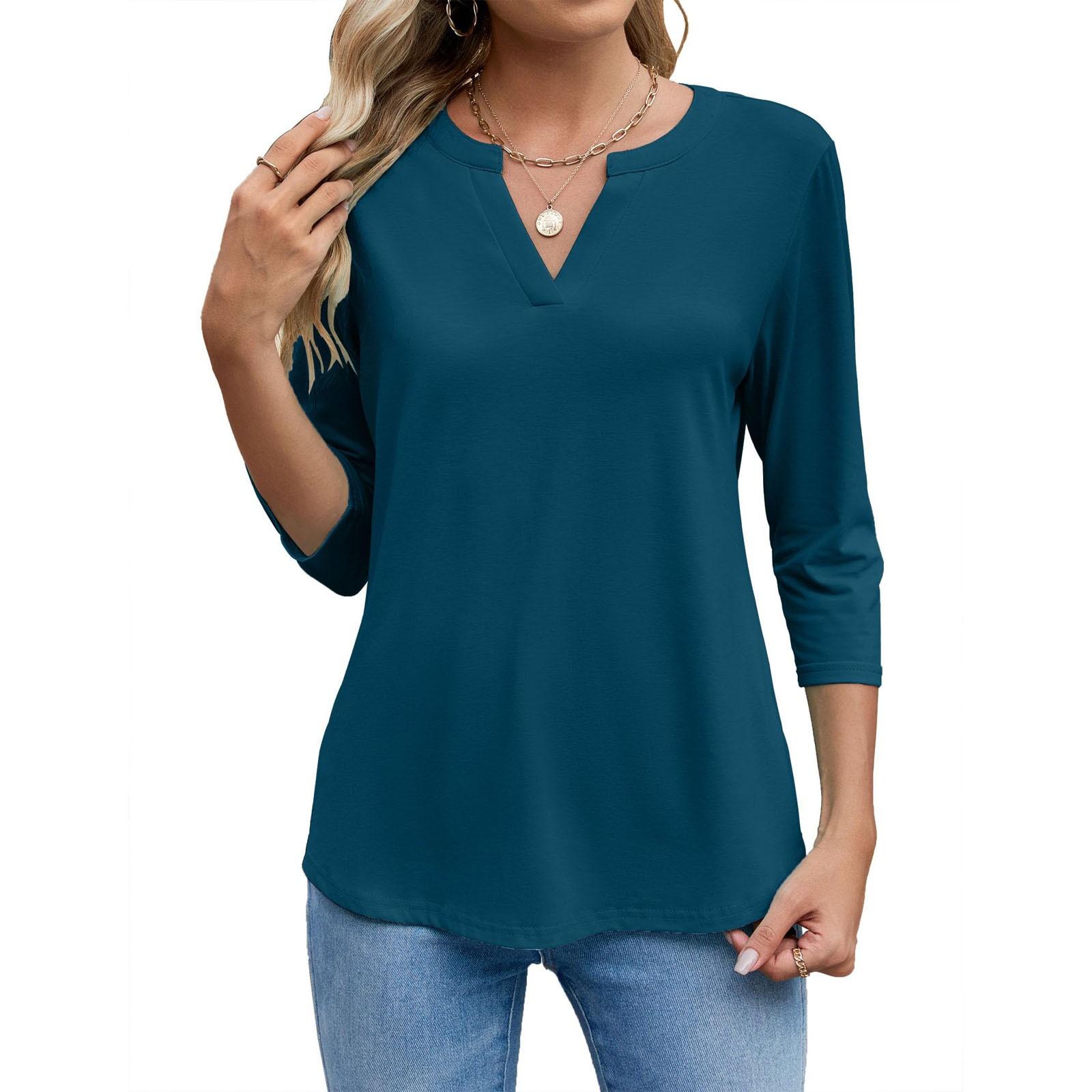 

Women s Fashion Casual Solid Color V-neck Pullover Button Commuting Three-quarter Sleeve T-shirt Top XL