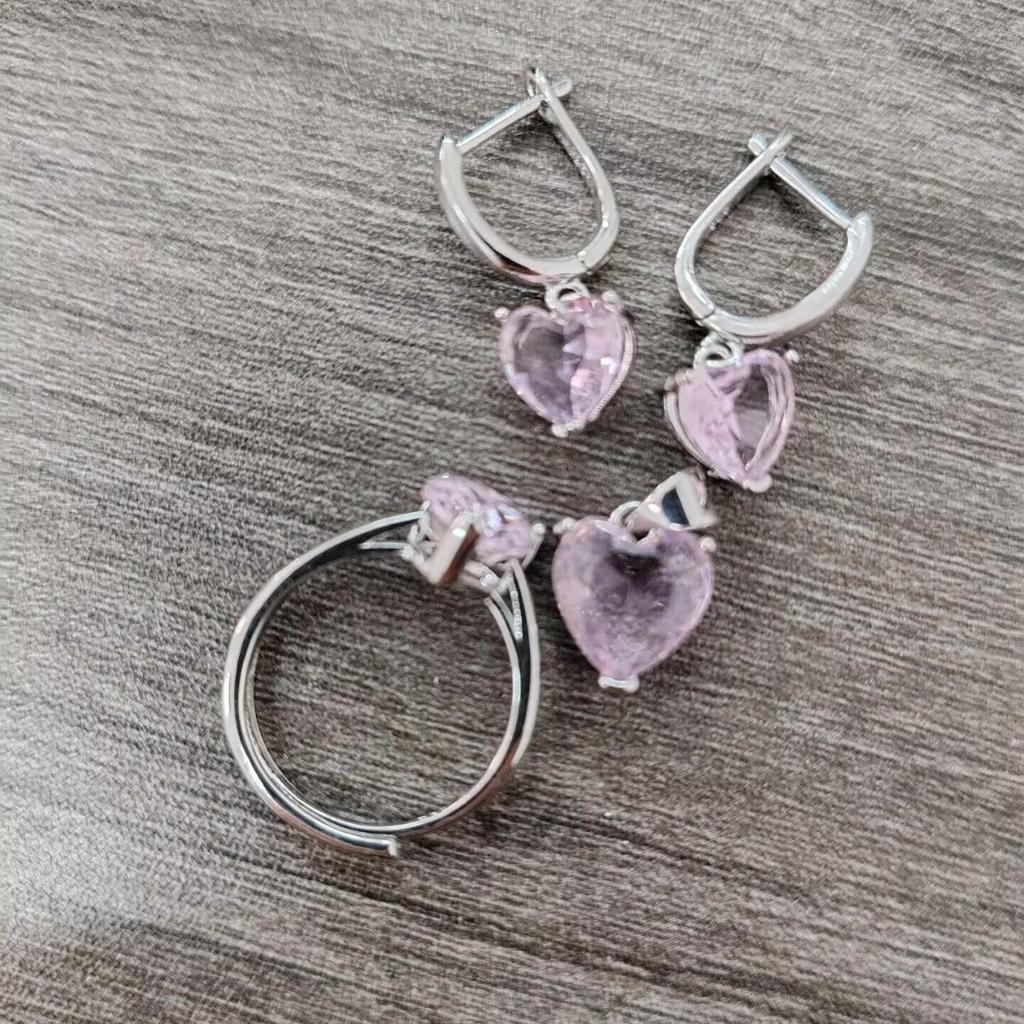 Heart-Shaped Zircon Jewelry Set: Earrings, Necklace & Open Ring - Elegant and Luxurious Fashion Accessories