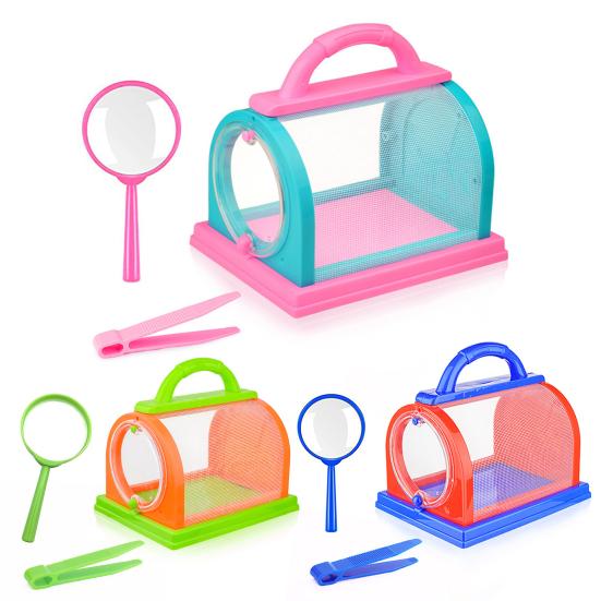 1 Set Critter Viewer Box with Tweezers Magnifying Glass Portable Handle Mesh Kids Outdoor Nature Exploration Small Animal Catcher Observation