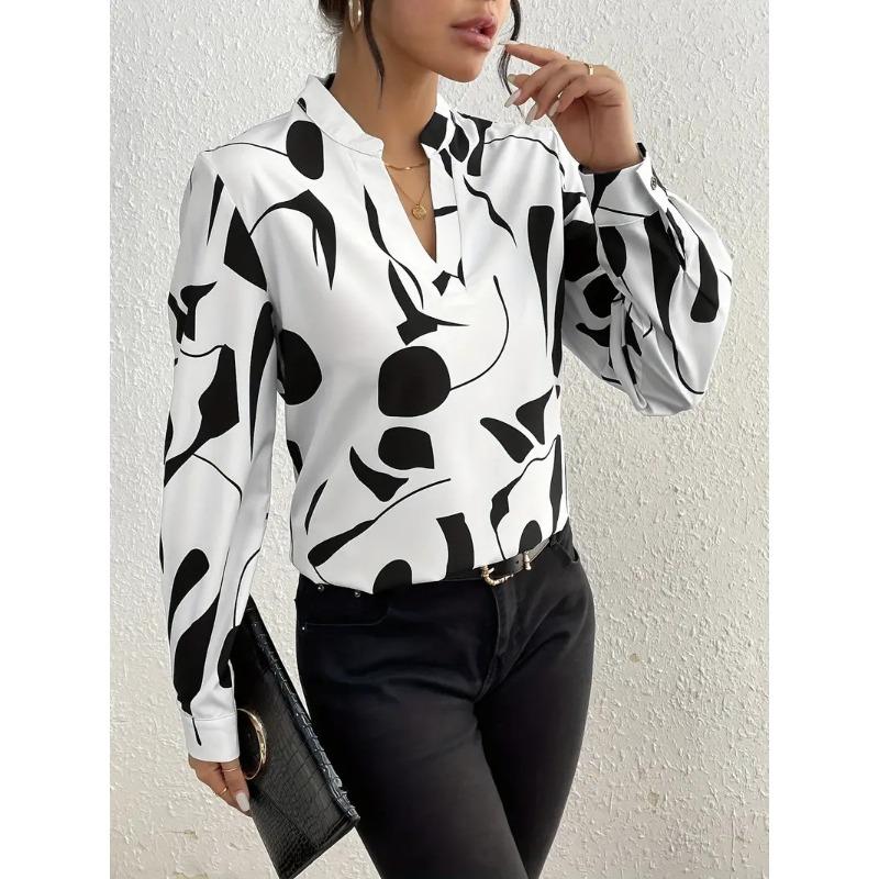Women's Fashion Casual Spring Autumn Colour Block Print Long Sleeve V-Neck Blouses Shirts