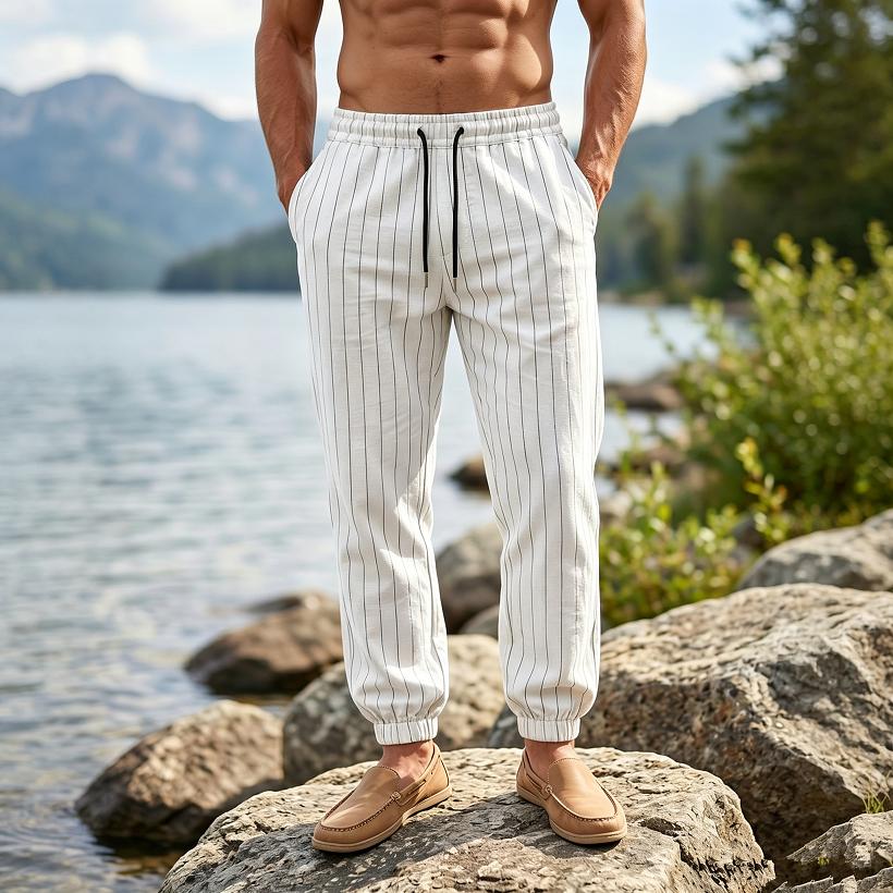 Men's Casual Striped Linen Pants Loose Fit Straight Leg Long Trousers Sporty American Style Men's Wear Breathable Casual Sports Trousers