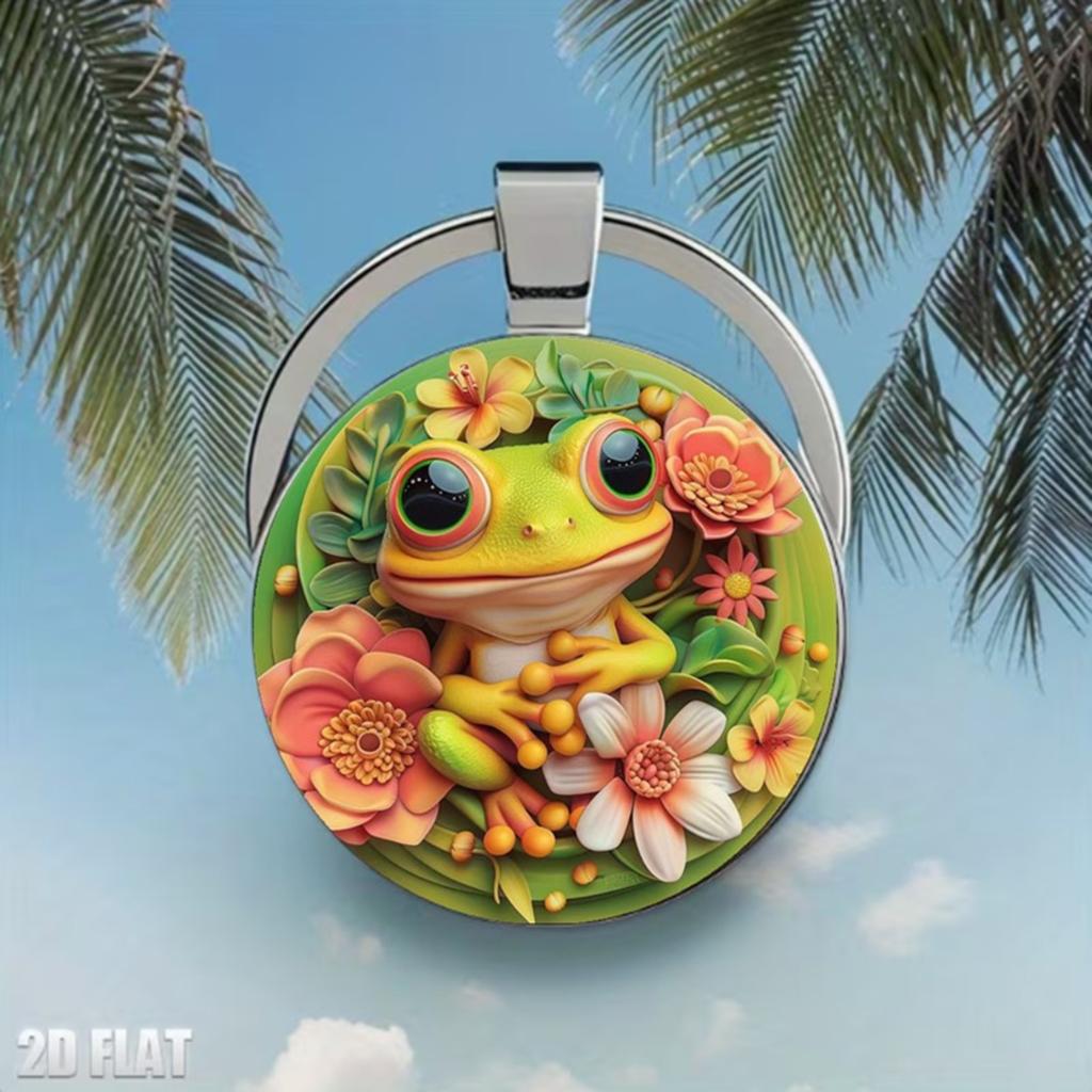 Runder Legierungsschlüsselanhänger Anhänger mit Frosch und Blumenmuster Leichter Metallschlüsselring für Taschen Rucksäcke Schlüssel Zubehör