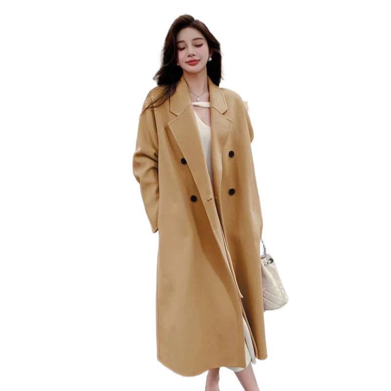 2025 New Pink Women's Double-Faced Wool Coat - Korean Style, Mid-Length for Autumn/Winter