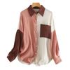 Women's Cotton Linen Color Block Loose Fit Long-sleeved Shirt - Elegant Drop Shoulder Design