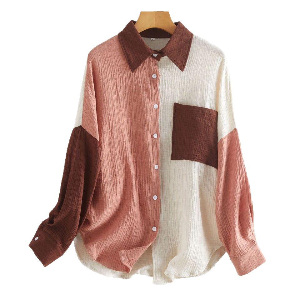 Women's Cotton Linen Color Block Loose Fit Long-sleeved Shirt - Elegant Drop Shoulder Design