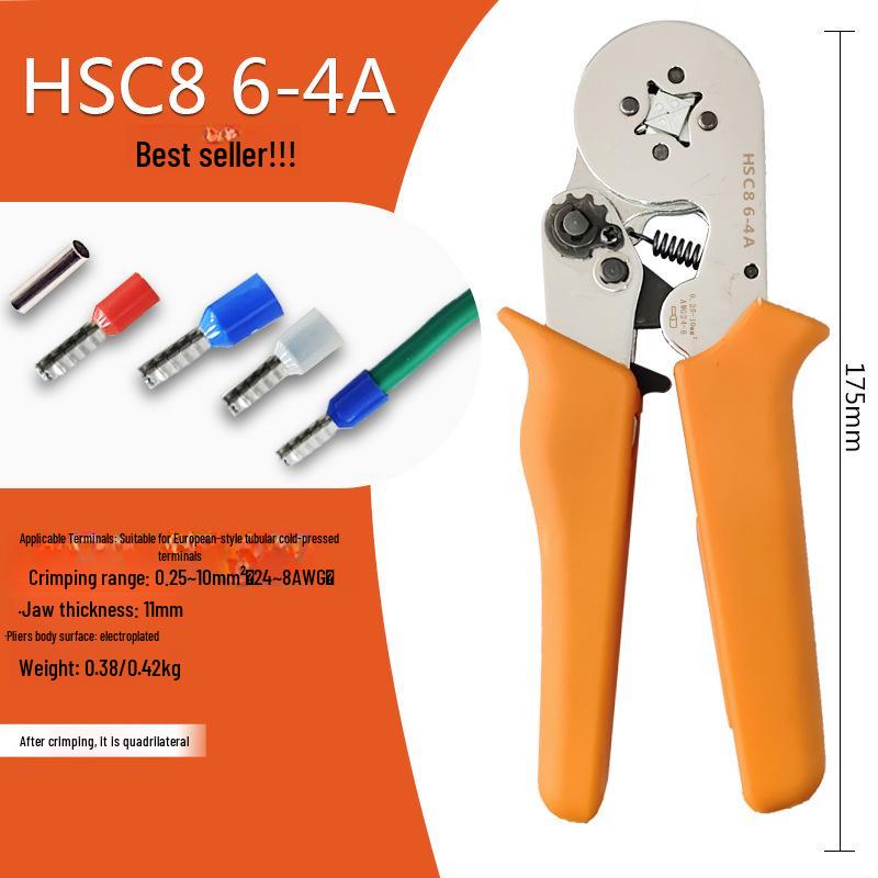 HSC8 6-4A Self-Adjusting Crimping Tool for VE Tube Terminals, 0.25-10mm Range, Quadrilateral Crimping.
