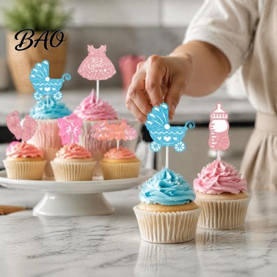 Cupcake Toppers 12Pcs Boy Girl Birthday Cake Toppers, Baby Themed Picks with Glitter Paper Theme Bottle, Stroller, Bow, Suit, Cardboard for