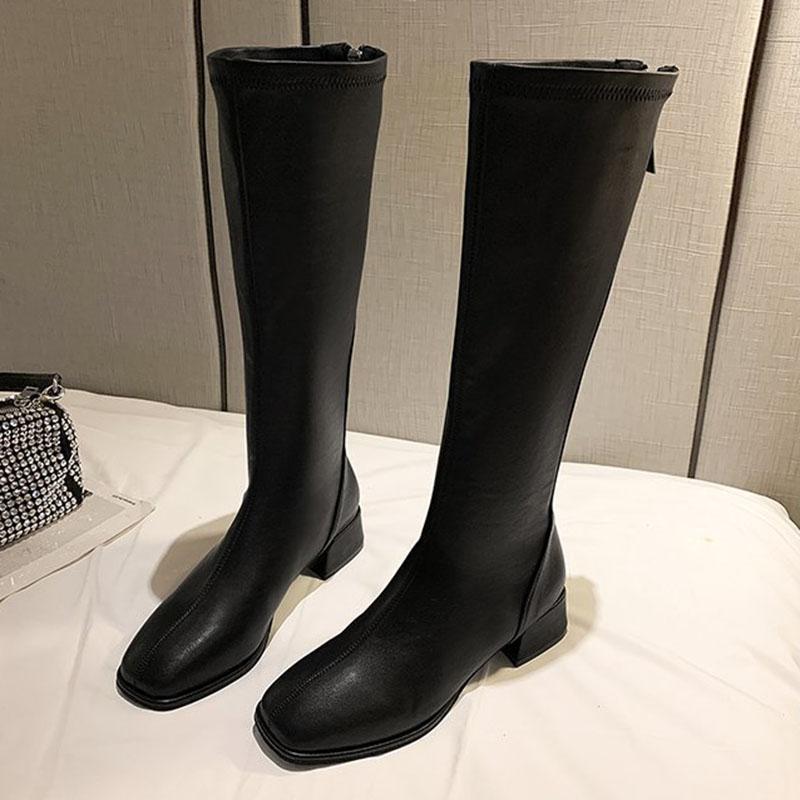 Fashion Comemore Thick Low Heel Knight Knee Boots Women Elegant Shoes Solid Color Spring Autumn Soft Leather Long Botas Large Size 43