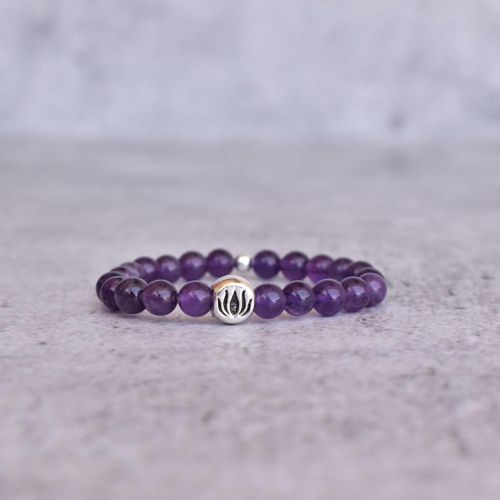 Amethyst Lotus Bracelet Purple Quartz Beaded Bracelet for Women Evil Eye Stretchable Bracelet Healing Gemstone Bracelet Gift for Mother