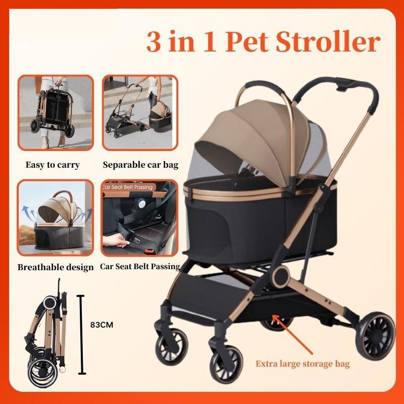3 in 1 Foldable Pet Stroller Outdoor 4 Wheels Lightweight Trolley Household Washable Dog Cat Carrier
