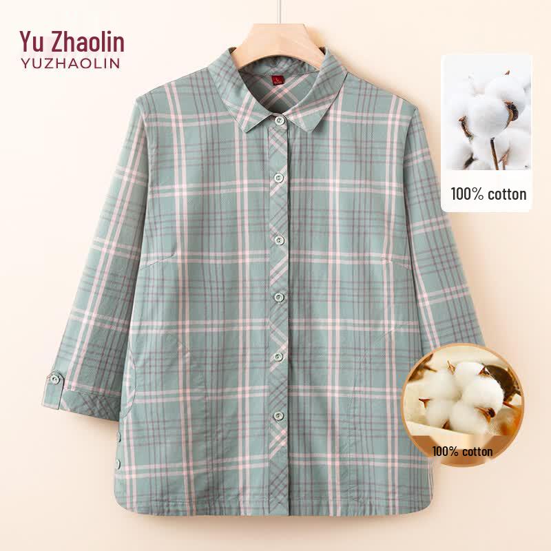 YUZHAOLIN Mid-Aged Women s 3/4 Sleeve Plaid Cotton Shirt XL