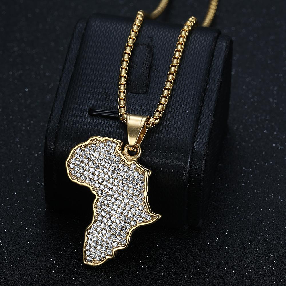 Zirconium-inlaid African Map Pendant Necklace Men's Hip-hop Stainless Steel Jewelry