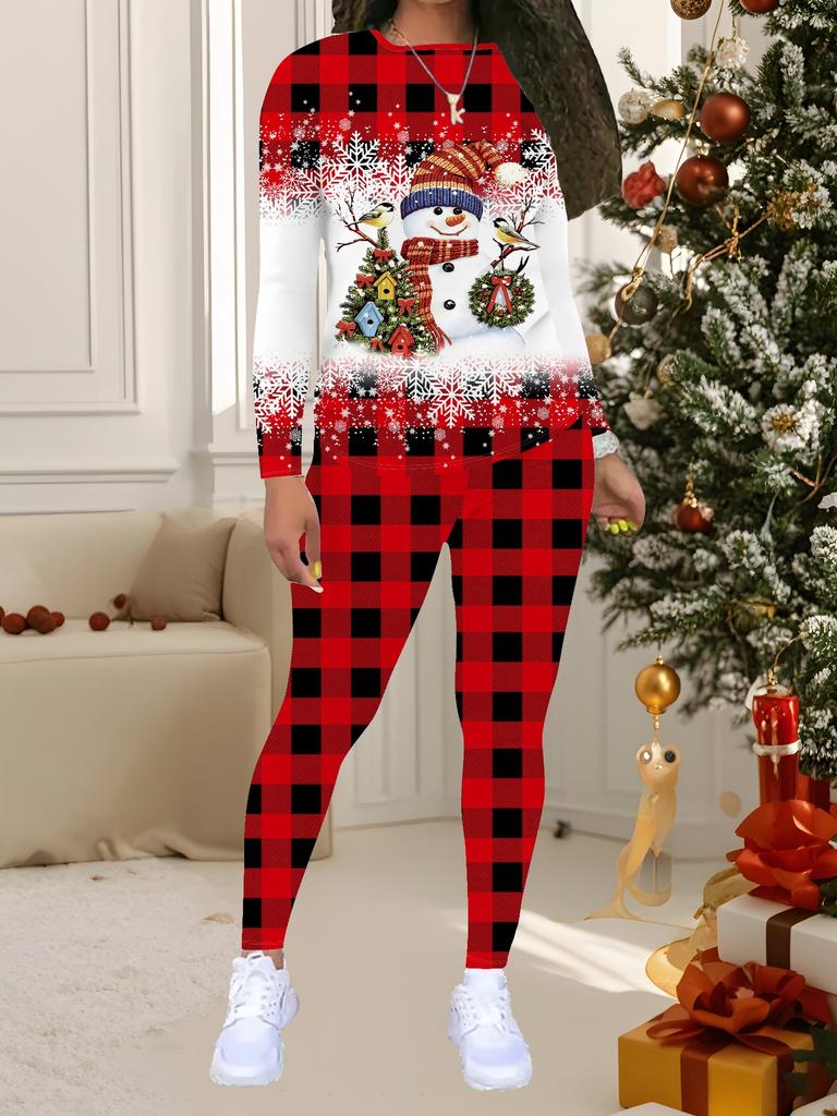 Damen Weihnachts-Print 2-teiliges Outfit: Langarmshirt mit Rundhalsausschnitt und Hose, limitiertes Freizeit-Party-Geschenkset