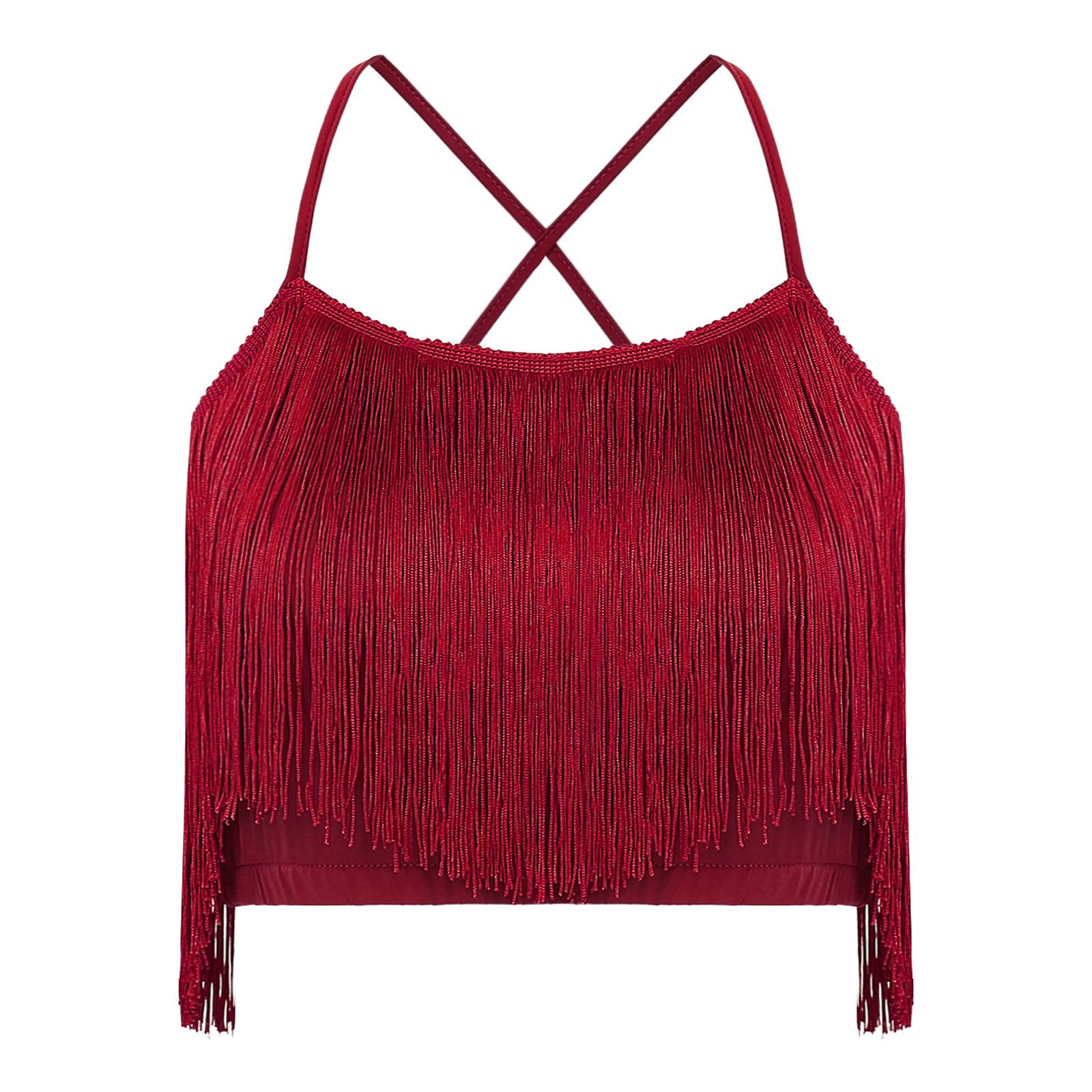 

Women Latin Dance Top Sleeveless Spaghetti Straps Cross Back Tassels Crop Cha Cha Practice Stage Performance Wear M червоний