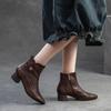 Johnature Pointed Toe Pumps Breathable Hollow Boot Genuine Leather Retro Mid Heel Women's Shoes