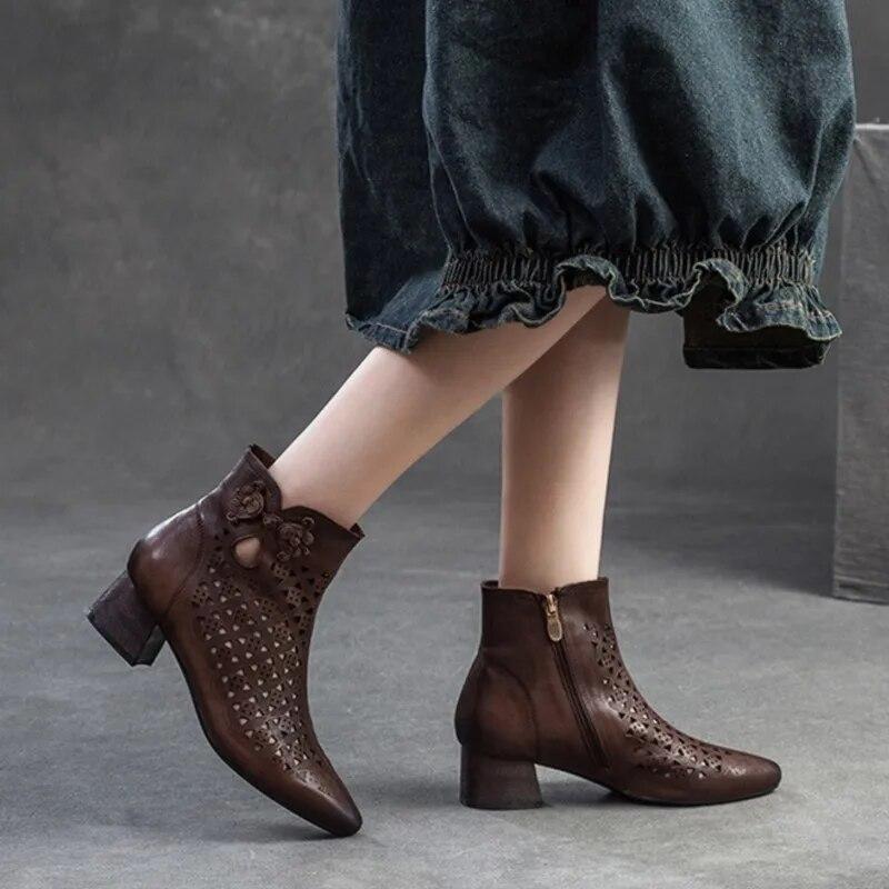 Johnature Pointed Toe Pumps Breathable Hollow Boot Genuine Leather Retro Mid Heel Women's Shoes