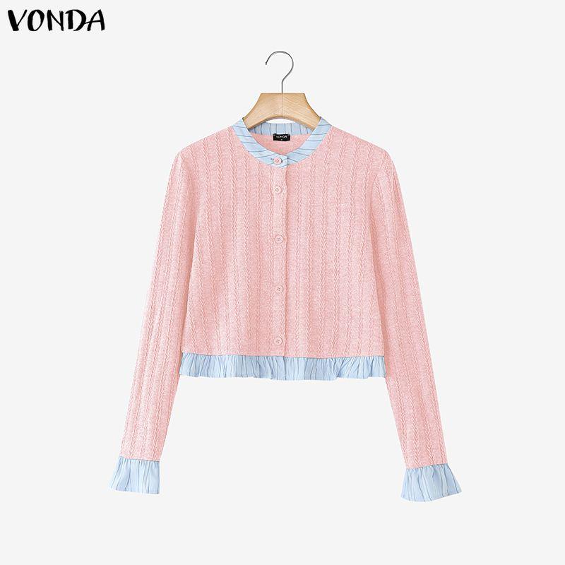 VONDA Womens Crew Neck Striped Stitching Texture Casual Cropped Fitted Tops Blouse