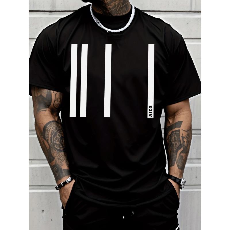 

Trendy Graphic Tee for Men Featuring Vertical White Stripes And AYICC Lettering, Perfect for Casual Outings And As a Holiday Gift S