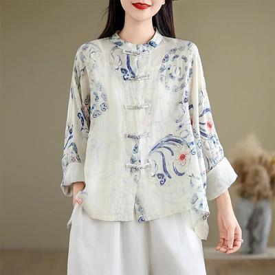 Chinese Style Cotton and Linen Printed Shirt Women's Summer Thin Loose Bat Sleeve Sunscreen Shirt