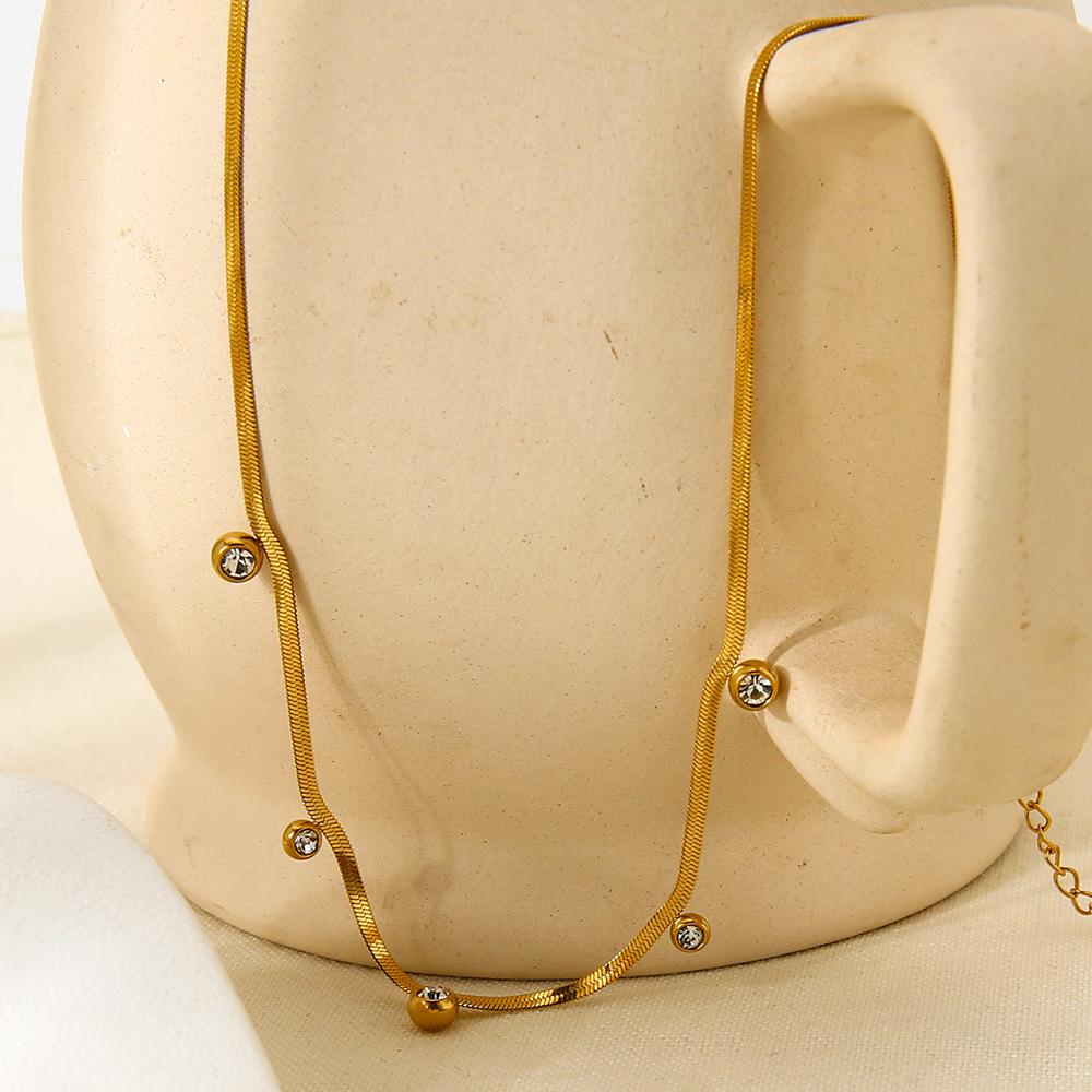 Ins Simple Round Zircon Tassel Flat Snake Chain Necklace Stainless Steel Electroplating 18K Gold Fashion Jewelry Women