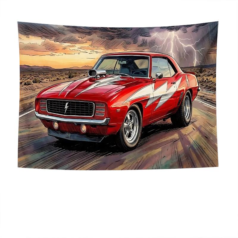 

Classic Red Muscle Car Desert Sunset Wall Tapestry Machine Washable All Season Decor Art Print Automotive Design HomeQuick Setup 74x94cm(29x37in)
