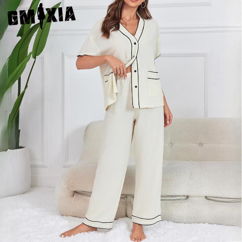 

GMXIA Пижама женская весенне-летняя тонкая с коротким рукавом и брюками, домашний костюм XL бежевый