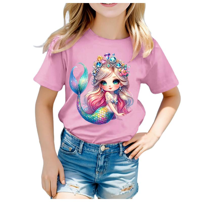 Girls Adorable Mermaid Princess Print Tshirt Summer CrewNeck ShortSleeved Soft Polyester Fabric Kids Top Clothing