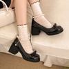 Fashion Elegant Pearls Chain High Heels Mary Jane Shoes Women 2025 Bowknot Thick Heel Pumps Woman Round Neck Patent Leather Party Shoes