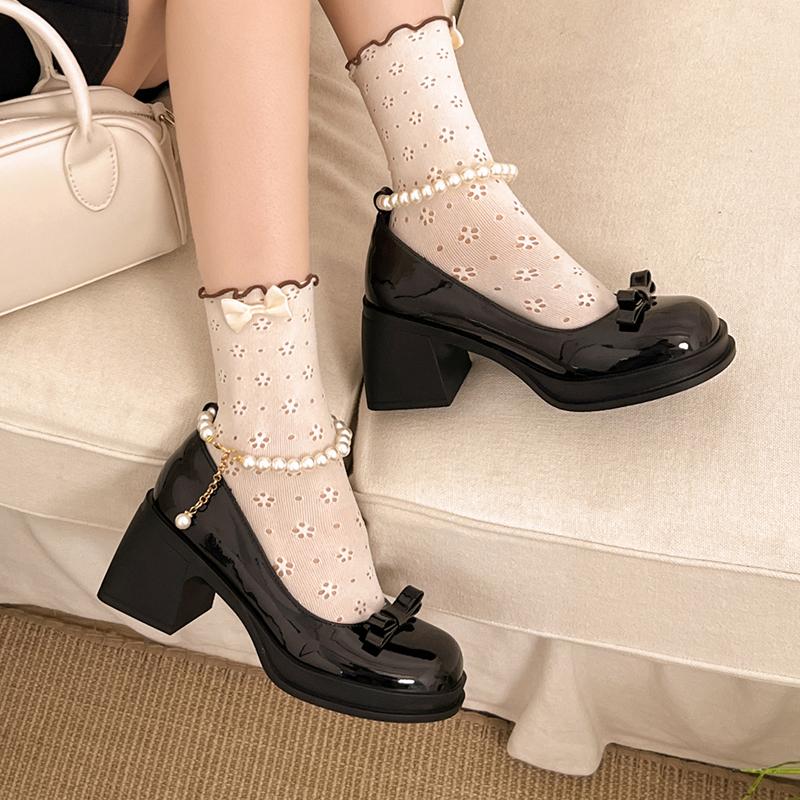 Fashion Elegant Pearls Chain High Heels Mary Jane Shoes Women 2025 Bowknot Thick Heel Pumps Woman Round Neck Patent Leather Party Shoes