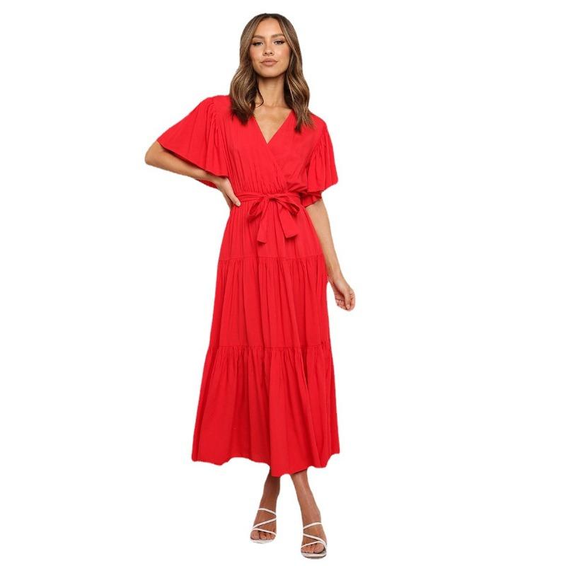 2025 Summer V-neck Short Sleeved Casual Dress Elegant Women Commuter Lace-up Waist Office Casual Party A-line Dresses Female Women's Clothing