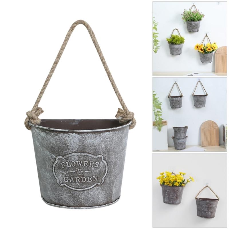 Retro Tin Wall Mounted Flower Pot Container For Indoor Outdoor Decoration With Rust Resistant Coating And Sturdy Hook