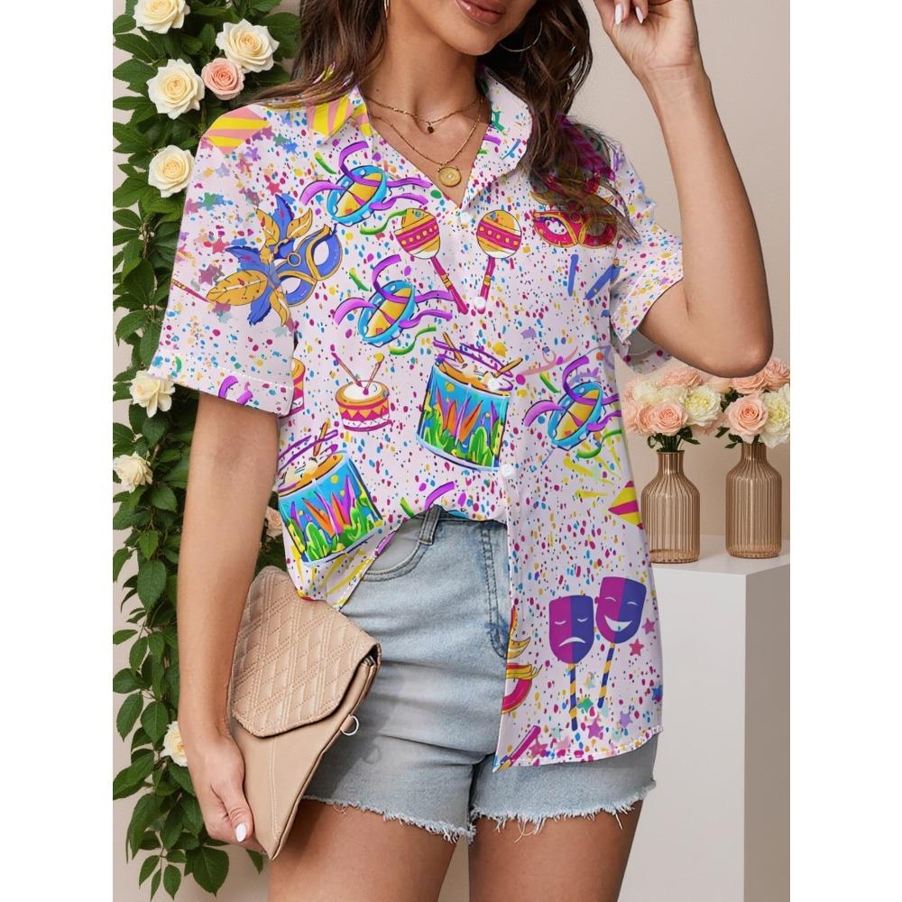 Women S Short Sleeve Shirt Summer New Regular Fit Multicolor Party Mask Pattern Fashion Casual Versatile S