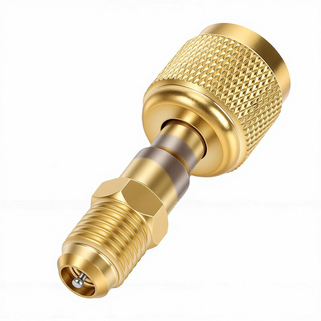 A2 Brass Refrigerant Adapter Straight Through HVAC Charging Adapter R32 Reverse Thread 1 4in Internal 1 4in External