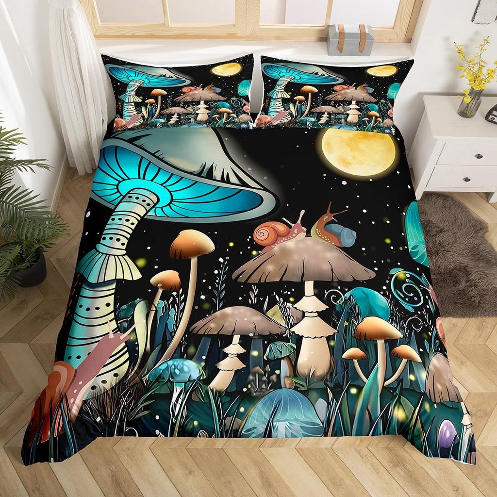 Mushroom And Moon Duvet Cover Sets For Teens Lightweight Quilt Cover With 2 Pillowcase Night Plants Themed Bedding Sets No Quilt