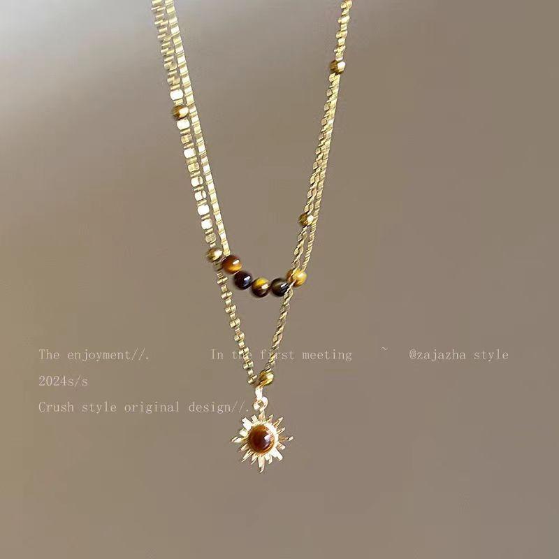 Retro Sunflower Tiger Eye Stone Necklace Layered with Sweater Chain, Winter and Autumn Collar Chain