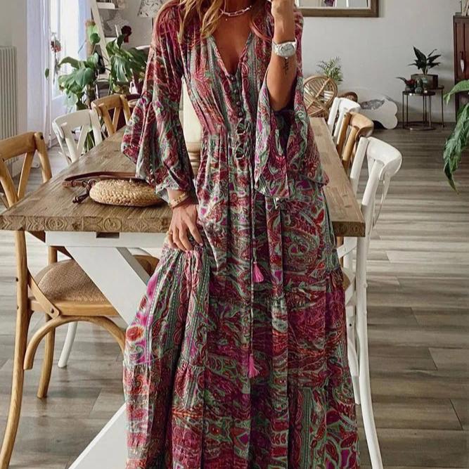 Bohemian Style Flared Sleeve Print V-neck High Waisted Vacation Dress with Floral Detailing for Women