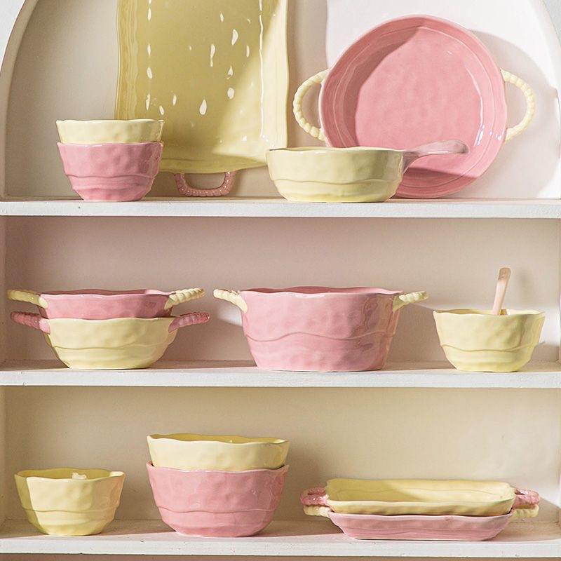 Ins Color Matching Advanced Sense Ceramic Handle Bowl Baking Bowl Atmosphere High Value Instant Noodle Bowl Salad Fruit Yogurt Bowl