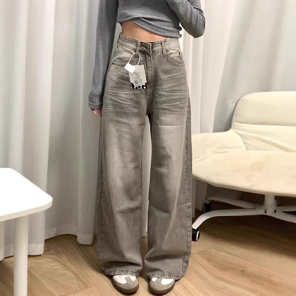 

Women s High Waist Retro Gray Wide Leg Jeans - Summer Floor-Length Straight Pants XS