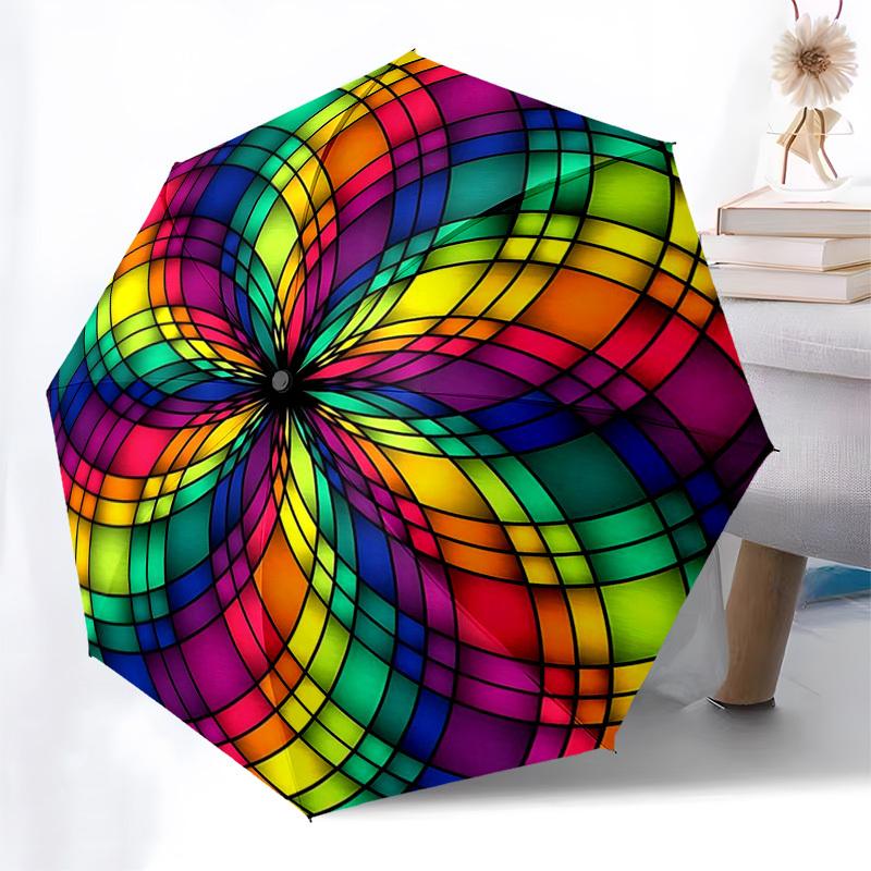 

1pc Rainbow Stained Glass Automatic Folding Umbrella - Portable 3-Fold Design, 8-Bone Iron Frame Outdoor Umbrella, Perfect Gift for Fans, Travelers, D