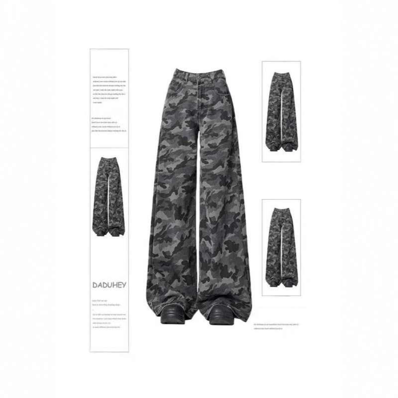 Women’s High-Waisted Wide-Leg Camouflage Jeans – Retro, Slimming, Floor-Length Pants for Spring and Autumn. Extra Large камуфляжный
