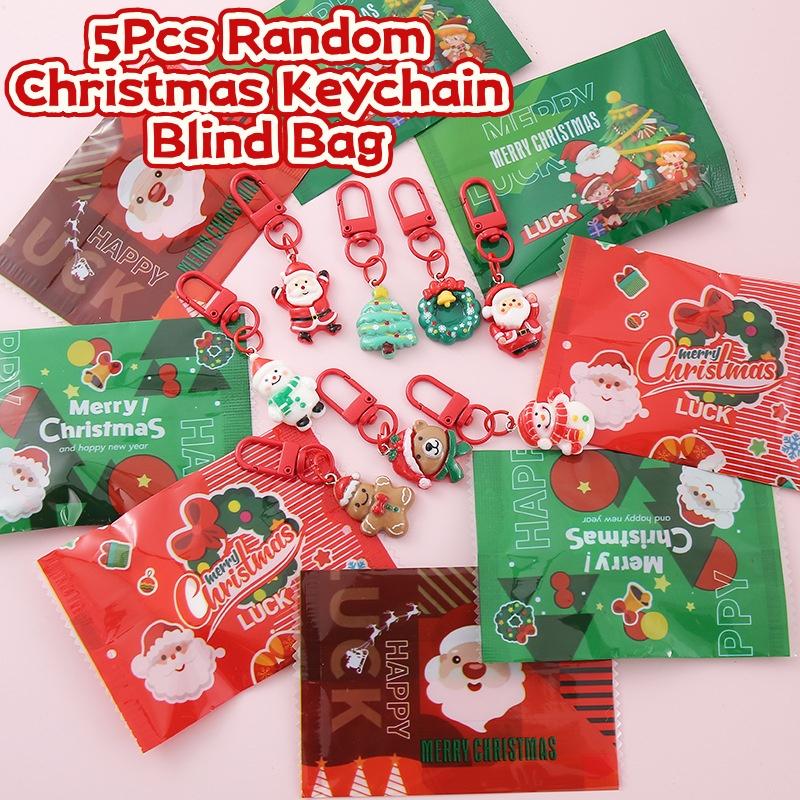 5Pcs Christmas Surprise Blind Bag Keychain Cartoon Santa Claus Snowman Tree Pendant Keyring Bag Hanging Decoration Festive Gift