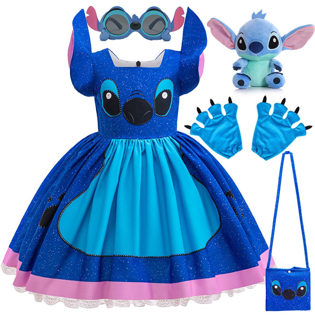 Lilo et Stitch Style Identique Fille Cosplay Stitch Fête d'Halloween Robe + Accessoires Été Manches Courtes Pelucheuse Mignonne Robe 2T(100CM) blue